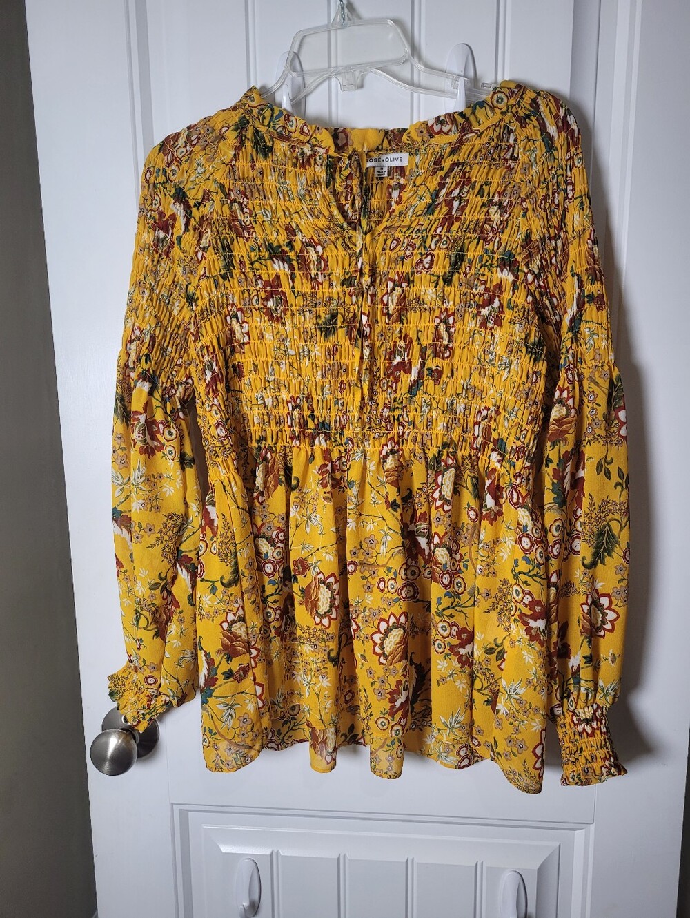 Rose and Olive yellow Floral Smocked Long-Sleeve Blouse